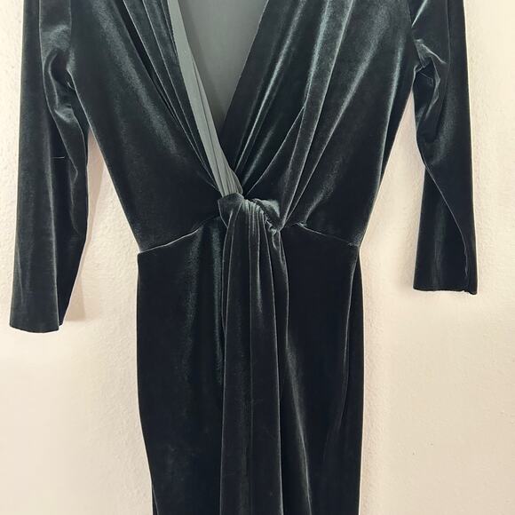 Zara Midi Dress Velvet Green SZXS Knot Front Deep V Front Slit Ruched Whimsygoth - Picture 6 of 12